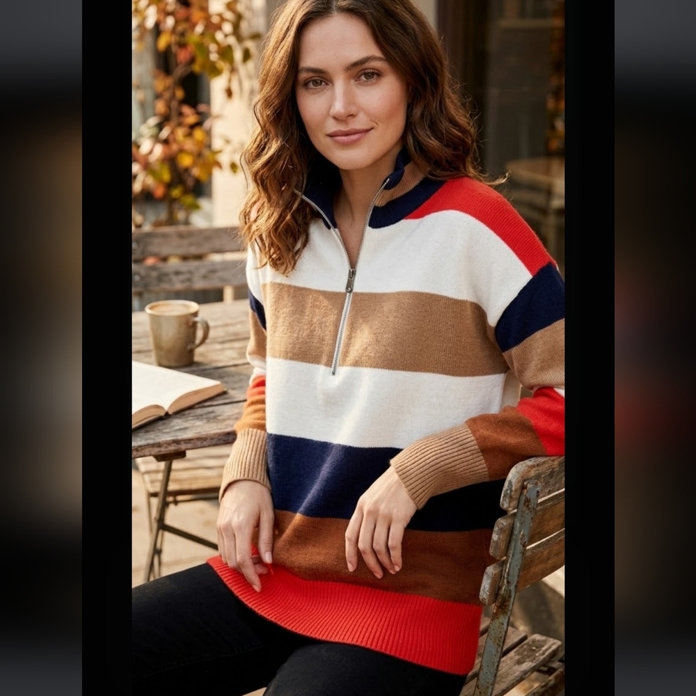 Multicolor Striped Oversized Quarter Zip Sweater Size Small